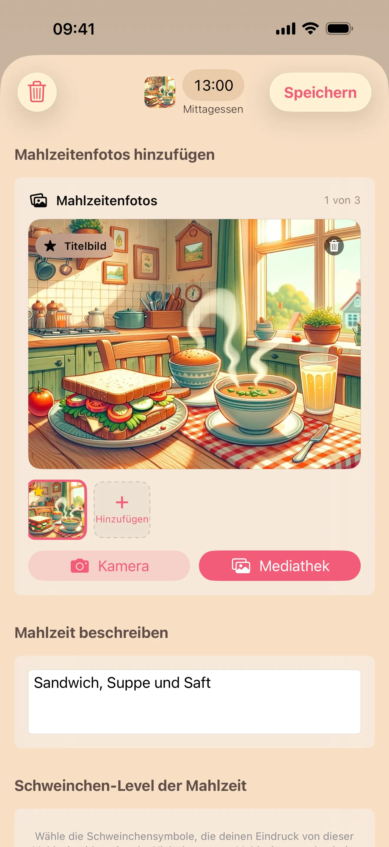Porkfolio-App mit einer protokollierten Mahlzeit und einem Schweinchen-Level