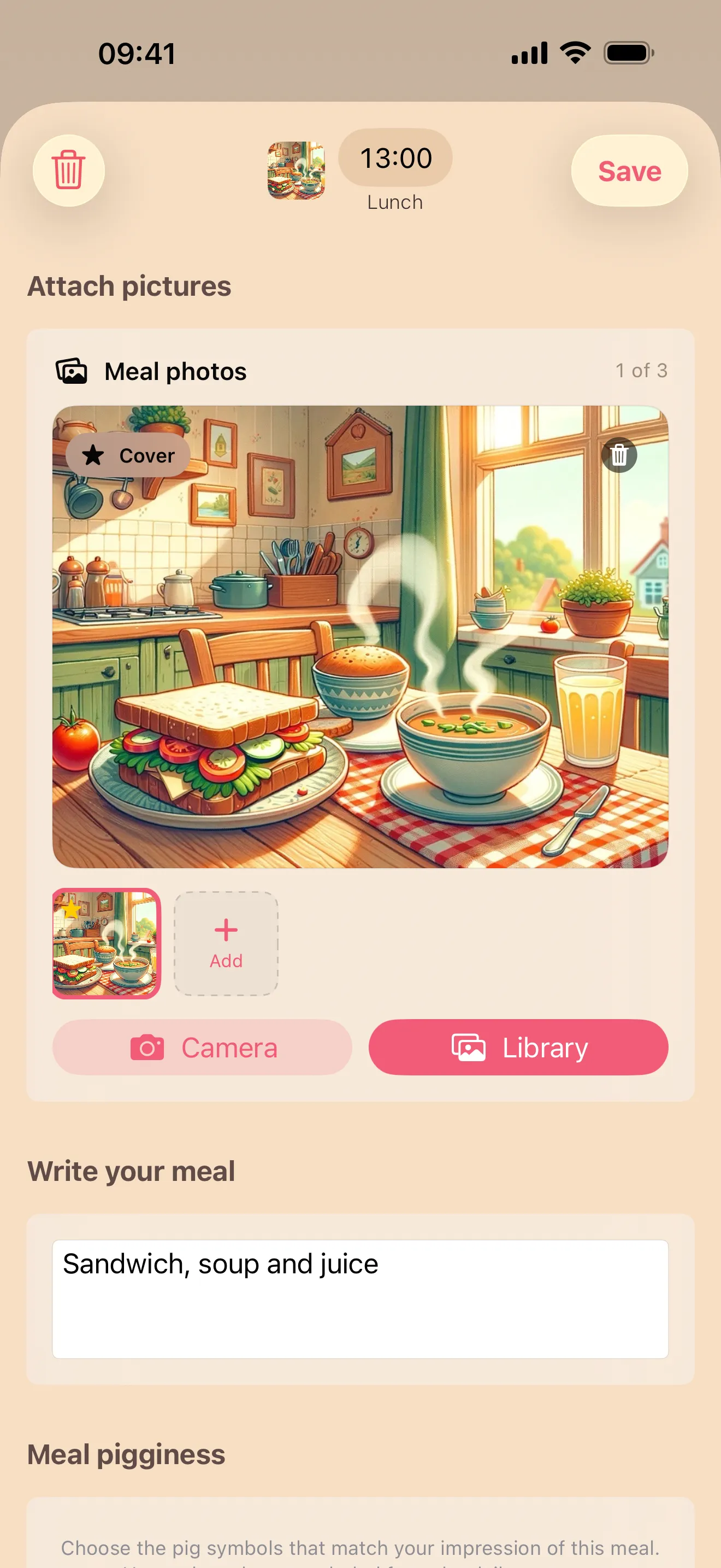 Porkfolio app showing a logged meal with a Pigginess rating