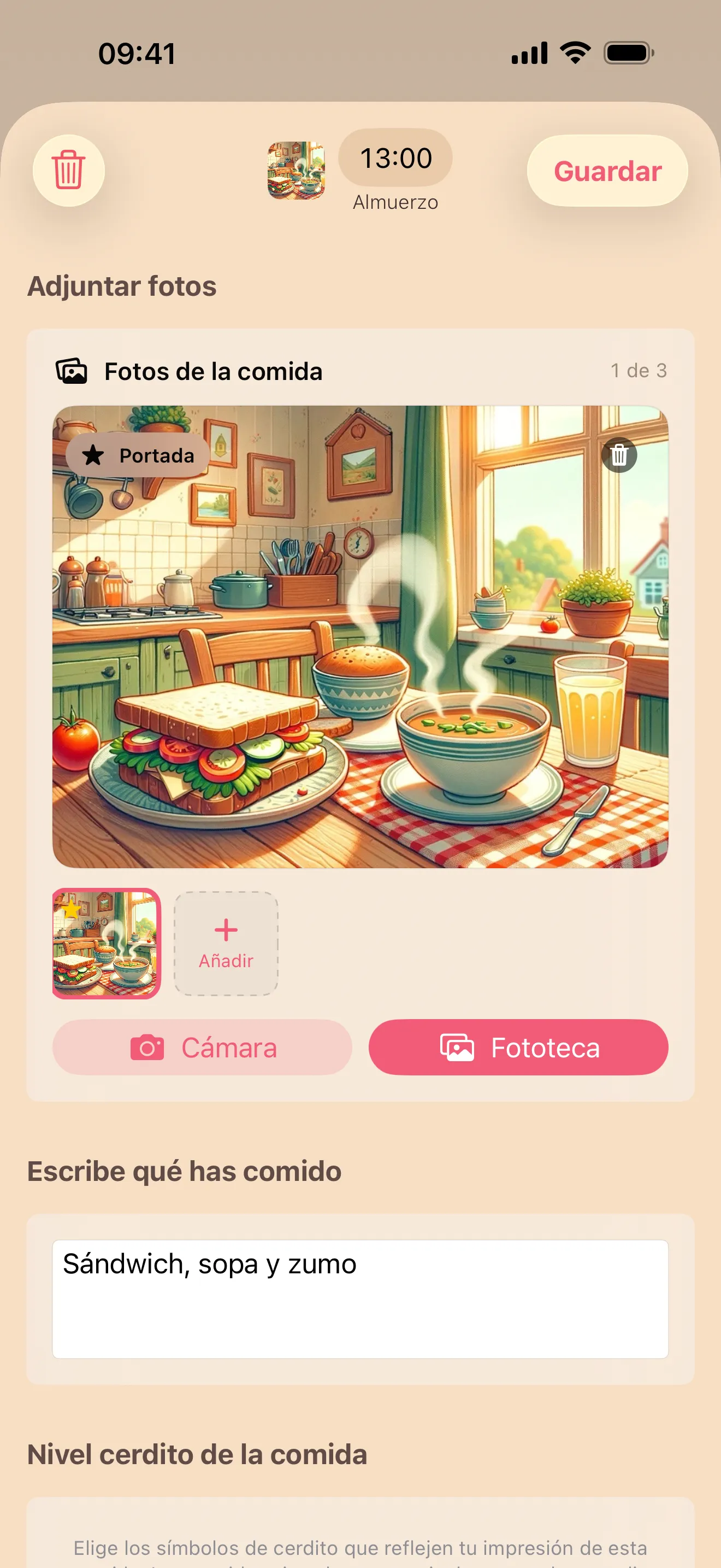 La app Porkfolio mostrando una comida registrada con una valoración de cerdito