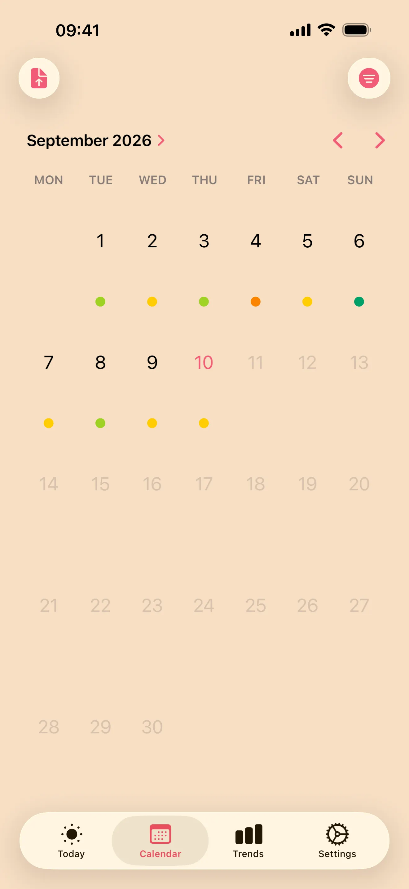 A month calendar showing the days you have logged