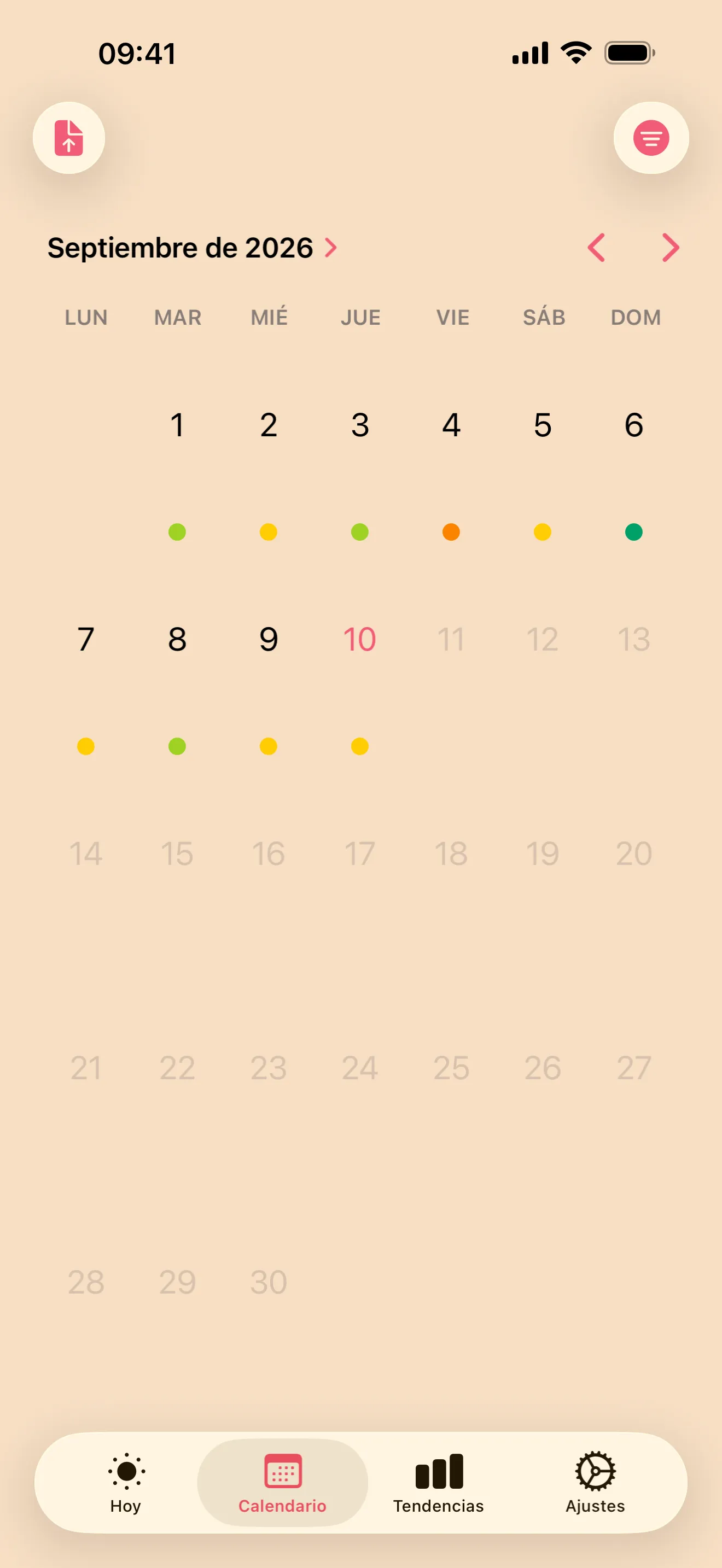 Un calendario mensual con los días registrados