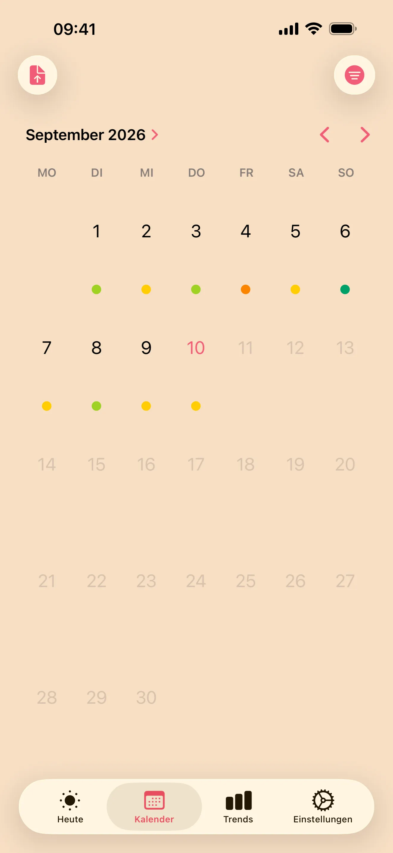 Ein Monatskalender mit den erfassten Tagen