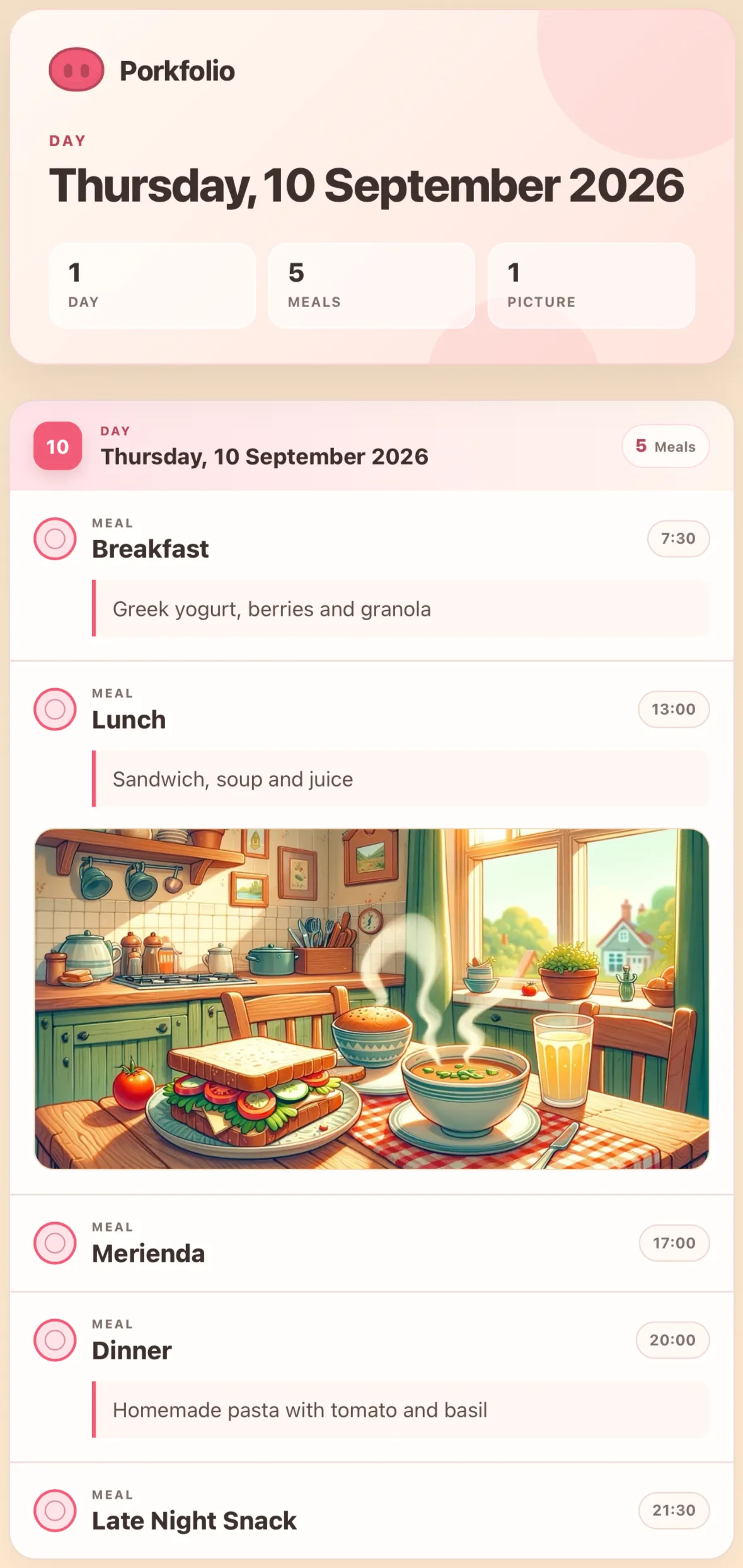 A printable PDF diary with meals, ratings and photos