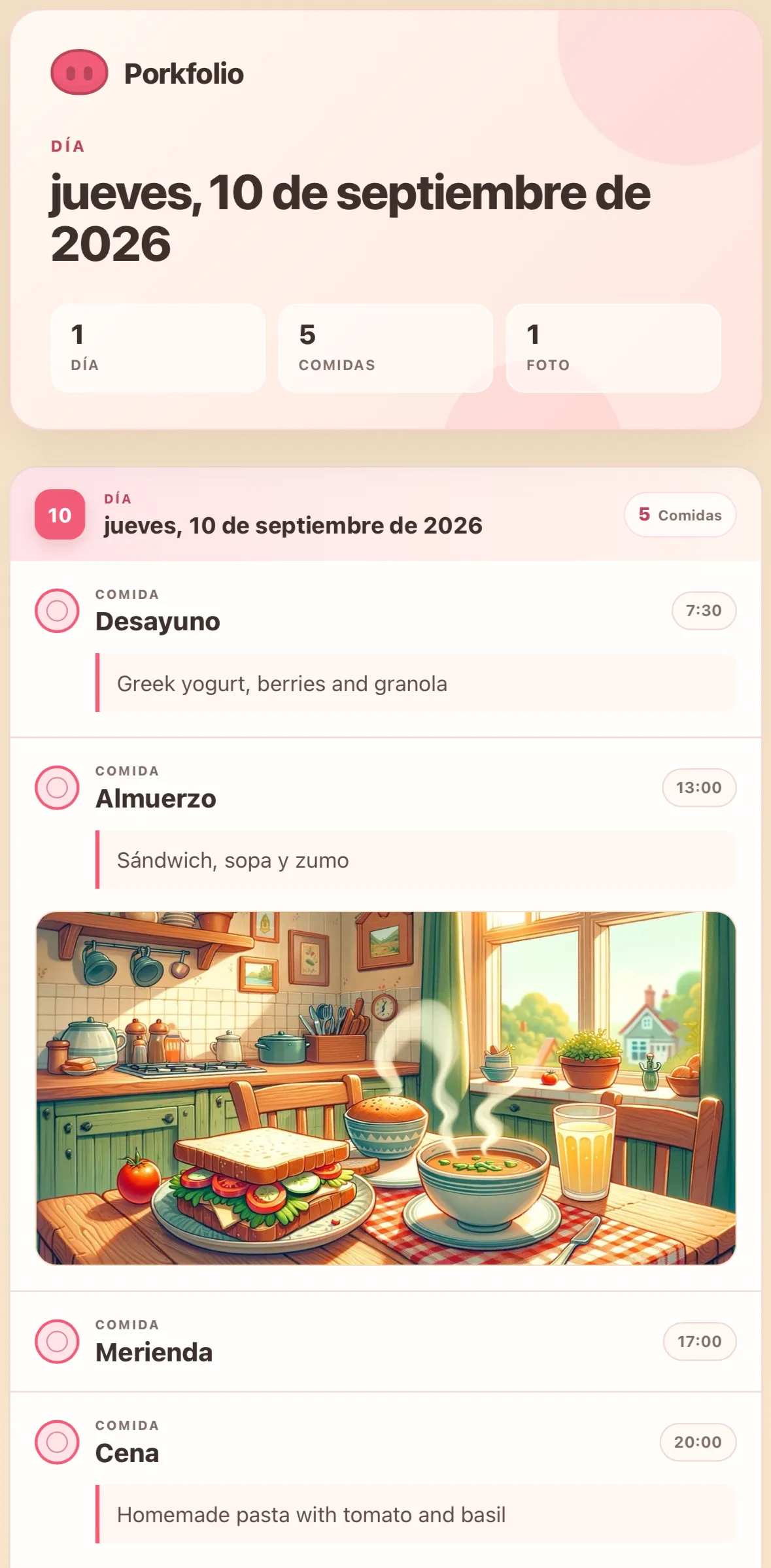 Un PDF imprimible del diario con comidas, valoraciones y fotos