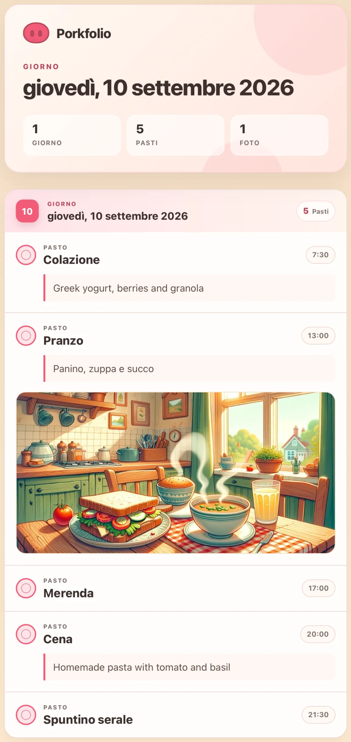 Un PDF stampabile del diario con pasti, valutazioni e foto