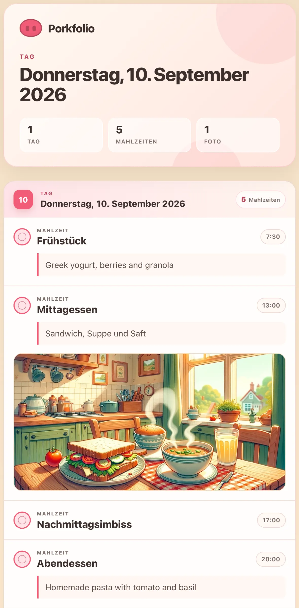 Ein druckbares PDF-Tagebuch mit Mahlzeiten, Bewertungen und Fotos